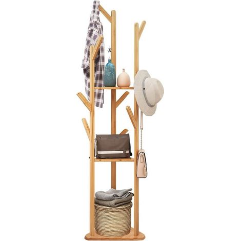 Porte Manteau en Bambou: Portant à Vêtements Solide avec 9 Crochets et Embase Stable Vestiaire Porte Manteau d'Entrée Charge max 15kg Idéal Pour Maison Chambre Salon - 155x36x36cm (1/5)
