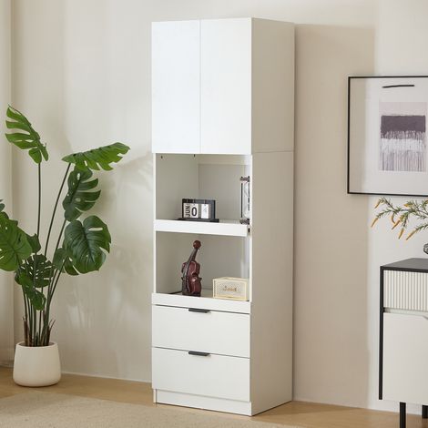 Credenza Alta da Cucina con 1 Anta, 2 Cassetti e 2 Ripiani Aperti per Cucina o Sala da Pranzo in MDF 59.5 x 45 x 200 cm Bianco (1/5)