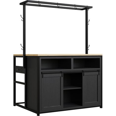Kücheninsel mit Arbeitsplatte und Steckdosenleiste, 183 cm, MDF und Metall, schwarz (1/5)