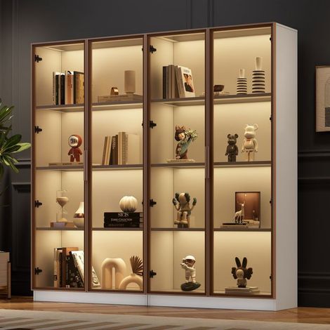 Vitrine salle à manger 80x40x160, portes battantes Buffet salon, lot de 2, verre blanc, étagères amovibles, LED 16 couleurs (1/5)