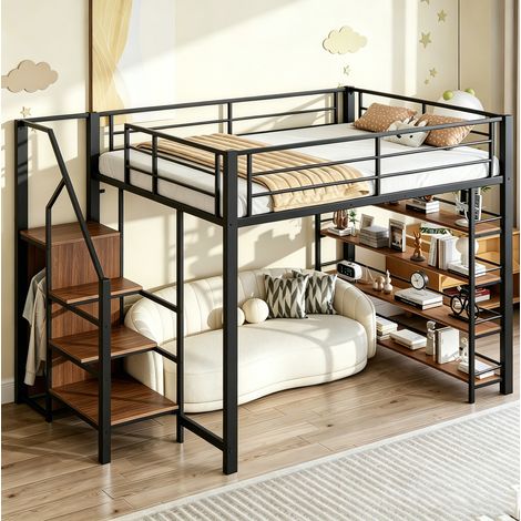 Hochbett 140x200 cm schwarz aus Metall mit Stauraumtreppe und Kleiderschrank (1/5)