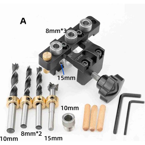 Gabarit de perçage 3 en 1 pour le travail du bois, en alliage d'aluminium, avec forets de 8 à 15 mm et outils de bricolage déformables pour l'assemblage de planches. (1/2)