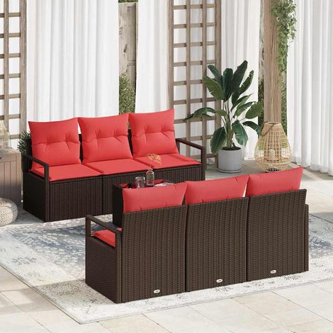 Sofa Set mit Kissen 7 pcs Braun und Rot Poly Rattan (1/5)