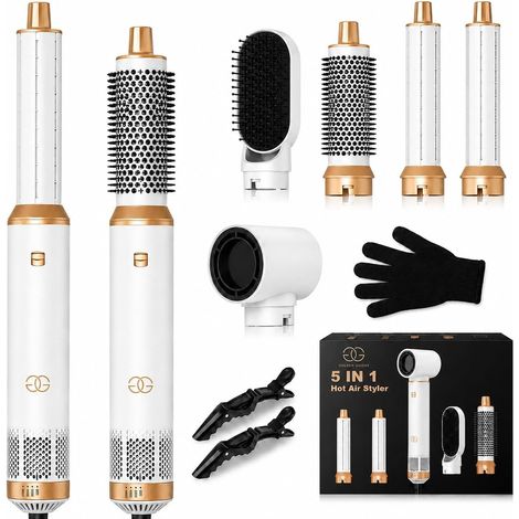 Brosse Soufflante avec 5 accessoires, Multistyler Sèche-cheveux, Airstyler 5-en-1, pour sécher, Brosse Coiffante Chauffante, Pour Lisser, Boucler, White/Gold Edition (1/5)
