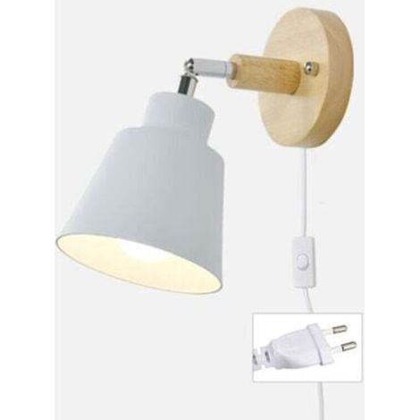 Wall Sconce with On/Off Switch and Plug, Modern Vintage Macaron Bedside Lamp, E27 Wooden Wall Sconce, Suitable for Living Room and Bedroom (White) (1/4)