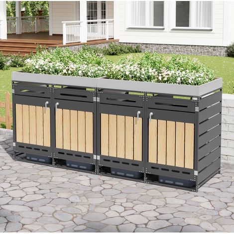 Cobertizo para cubos de basura de 4 compartimentos con jardinera, metal negro, 262 x 79 x 120 cm (1/5)