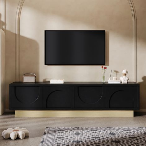 Mobile TV 175x40x41.5 cm nero in MDF con base effetto legno, 4 ante push-to-open e passacavi (1/5)