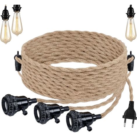 Suspension Corde Chanvre 6.8m Tête 3-Flamme Suspension Douille E27 avec Prise Vintage Lustre Corde Chanvre avec Prise Interrupteur Cuisine Chambre Bar Loft (1/5)