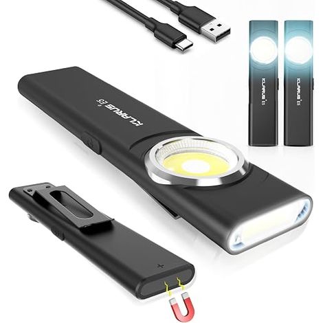 2 Packs E5 Lampe de travail COB rechargeable USB C, mini lampe de poche plate EDC de 600 lumens avec base magnétique et clip à boucle,Convient pour l'entretien, le camping, la randonnée (Noir) (1/5)
