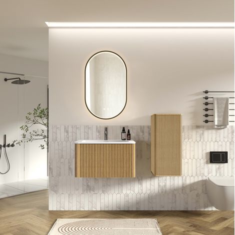 Meuble vasque salle de bain 80 cm en bois couleur naturelle, avec rangement, miroir LED FloraGrace (1/5)