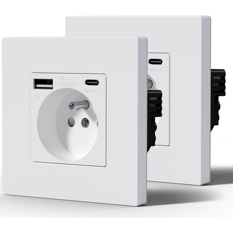 Prise Electrique avec USB et Type C, Prise Murale avec Panneau En Plastique, Alternatif Norme Française 16 Amp 240V 86mm Blanc, 2 Paquests (1/5)