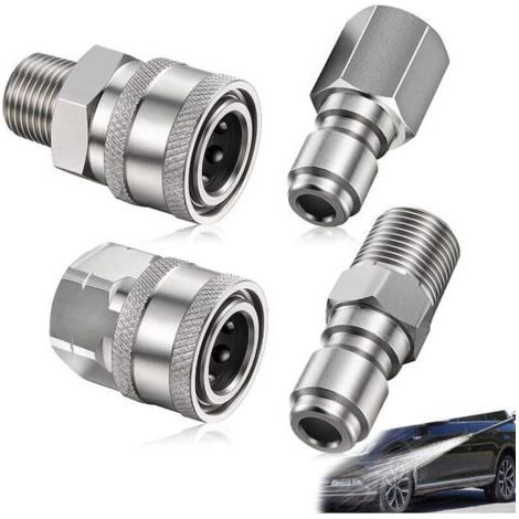 4 Pièces Coupleur de Nettoyeur Haute Pression, Pressure Washer Adapter Set, Adaptateur 1/4 Npt Pouces Mâle Femelle, en Acier Inoxydable, Pour Lance de Pulvérisation 5000 Psi (Argent) (1/5)