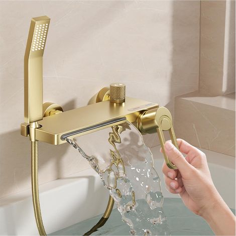 Robinet de Baignoire avec Douchette, Mitigeur Baignoire Cascade Mitigeur Douche Chaud ou Froid Robinet Douche Mural Or Brossé Robinet Salle Bain Baignoire Laiton (1/5)
