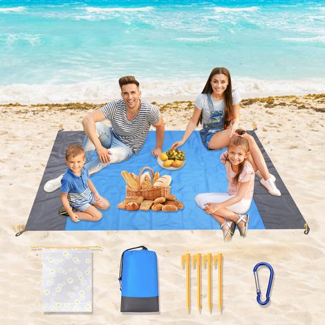 Couverture de plage 210 x 200 cm - Imperméable - Sans sable - Pliable - En polyester léger - Pour plage, camping et pique-nique - Avec sac à cordon de serrage - 4 coins de fixation (1/5)