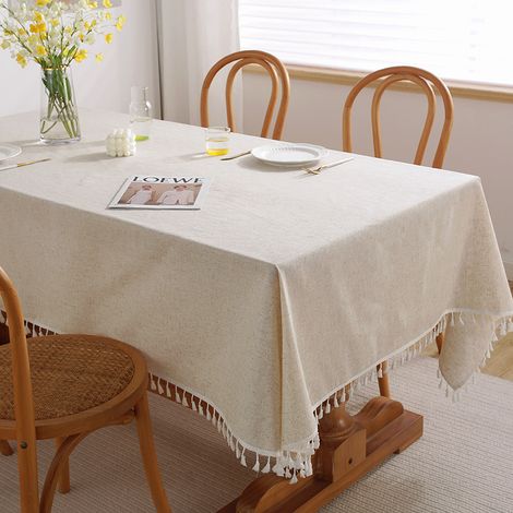 Nappe rectangulaire beige en coton et lin (140 x 180 cm), couleur unie, anti-poussière et lavée. (1/5)