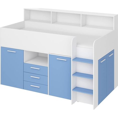 Hochbett mit Schreibtisch NEO rechte seite weiß / blau