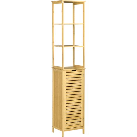 Armadio alto da bagno in bambù 34 x 30 x 173 cm con 3 ripiani aperti e 1 armadio (1/5)