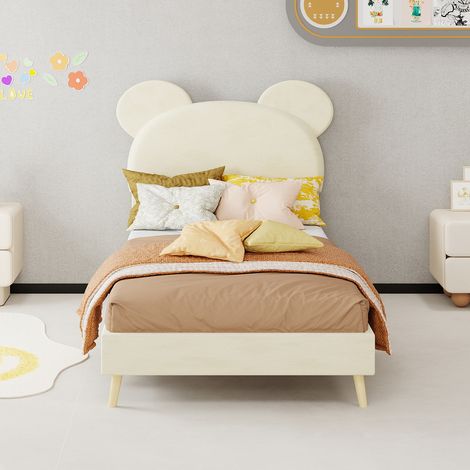 Modern Minimalist Upholstered Bed with Plush Cartoon-Themed Headboard, 90x200 cm, Beige, Multifunctional Bedroom Furniture, Low-Profile Solid Base (No Storage/No Gas Lift), Mattress Excluded. (1/5)