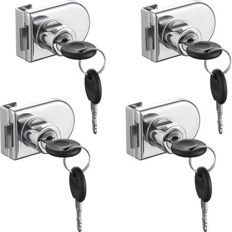 Serrure de porte en verre, chromée, antirouille. Serrure de sécurité de haute précision, facile à installer sans perçage, adaptée à une porte en verre de 5 à 8 mm sans perçage (4 pièces avec 8 clés) (1/4)