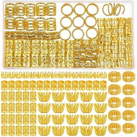 Lot de 110 perles et anneaux métalliques dorés pour cheveux, accessoires décoratifs pour tresses, dreadlocks et barbe, avec boîte de rangement (1/5)