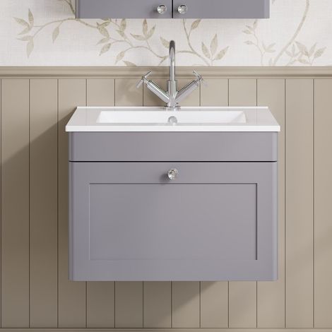 Nuie Classique Wall Hung 1-Drawer Vanity Unit with 1TH Minimalist Basin 600mm Wide - Satin Grey