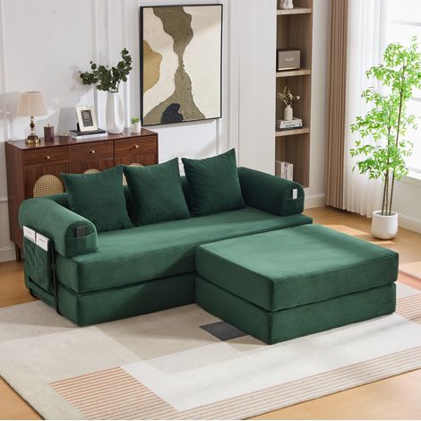 Sofá modular de pana con puf, estructura metálica, 3 cojines, verde esmeralda DESVIAE (1/5)