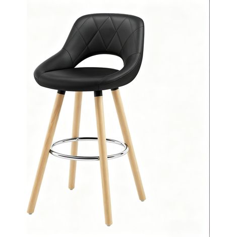 Tabouret de bar avec dossier, assise en cuir régénéré noir, pieds en bois, design ergonomique et stable pour cuisine, bar et restaurant, 1 pièce - CHICFURN (1/5)