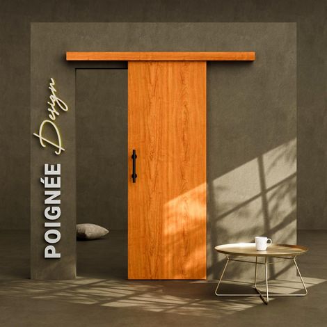 Mon Marché Déco – Porte coulissante 73 cm avec rail et poignées verticales en acier – Système de coulissement fluide – Décor bois exotique rétro