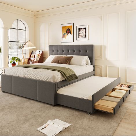 Letto imbottito in lino grigio 140x200 cm con letto estraibile, 3 cassetti e testiera regolabile (1/5)