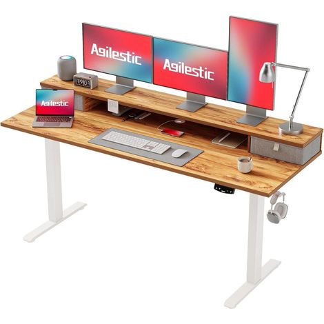 Höhenverstellbarer Schreibtisch 160x60 cm mit 2 Schubladen Elektrisch Hellbraun (1/5)