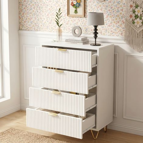 Commode 4 Tiroirs Scandinave Blanc 60 cm, Commode chambre avec Poignées en Métal, pieds dorés - pour chambre et salon