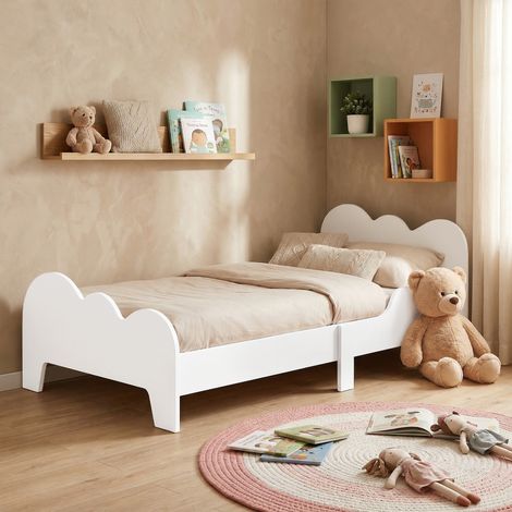 Cama para Niños de +3 Años 140x70 cm Tema de Nubes Estructura de Cama infantil con Barandilla Carga 80 kg Blanco