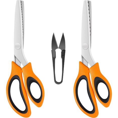 Forbici a zig-zag (2 pezzi, con lame seghettate e smerlate) con tagliafilo, forbici a zig-zag con impugnatura comoda, per tagliare tessuti, arancione e nero