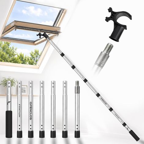 Barra/poste para ventanas de techo OPENCLOS para estores opacos y mosquiteras, compatible con ventanas Velux GGL, GGU, GPU y GHL Gancho antideslizante, 7 secciones de aluminio, 182 cm