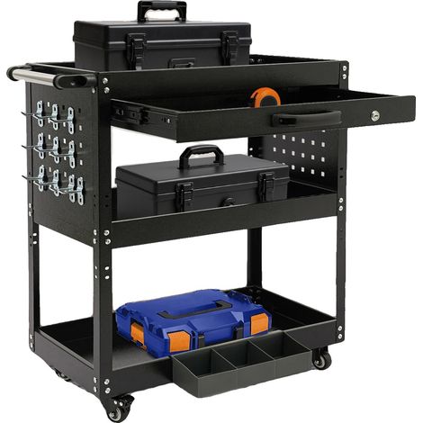 Carrello portautensili mobile, in acciaio, con 3 ripiani, portata massima 250 kg, dimensioni 77,6 x 81 x 35,66 cm, dotato di 4 ruote universali. (1/5)
