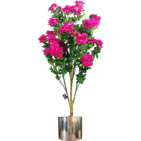 100cm Premium Artificial Azalea Pink Flowers Potted Plant with Silver Metal Planter