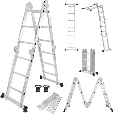 Froadp 340cm Aluminum Mehrzweckleitern 4x3 Stufen Gerüst Leiter Ausziehbar Treppenleiter mit 2 Arbeitsplattform Klappbare Stehleiter Arbeitsbühne Silber Schiebeleiter (1/5)