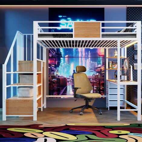 lit adulte bureau rangement 140x200 métal blanc OKMYHOME (1/5)