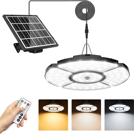 LED Lampe Solaire Intérieur Extérieur 2500K 4000K 6500K 5 Modes Lampe Suspendue avec Détecteur de Mouvement Lumière Solaire avec Télécommande Éclairage pour Jardin Cabanon Pergola Garage (1/5)