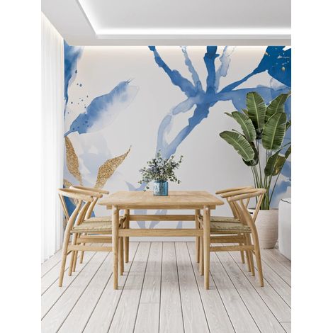 Papier peint floral feuillage bleu et dore 2 - 150 x 250 cm (1/2)