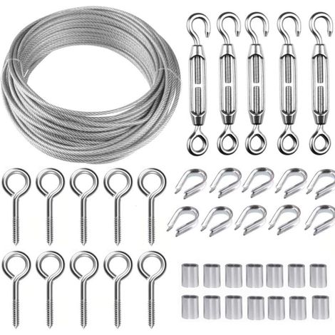 Edelstahl-Hängeseil-Set, 30 m/2 mm beschichtetes Edelstahlkabel mit M5-Spannschlössern, 2 mm Drahtseil-Set für Kletterpflanzen, Wäscheleine, Geländer, Leitplankenkabel NPTERBL