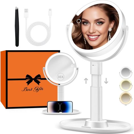 Miroir de Maquillage Éclairé 30X avec 3 Lumières de Couleur, LED à Intensité Variable et Réglable en Hauteur, Miroir Cosmétique 2 Côtés pour Salle de Bain, Cadeau pour Femme Blanc (1/5)
