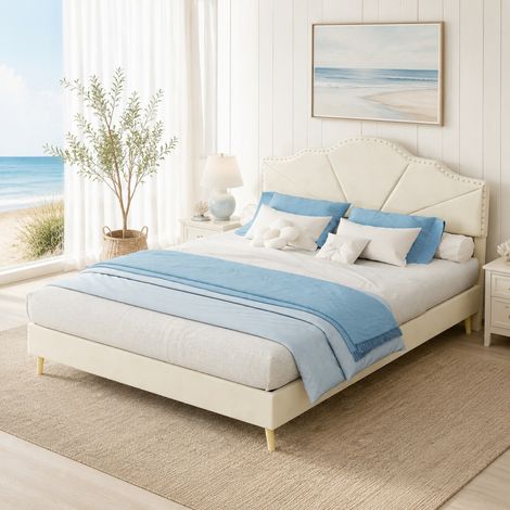 DESMIU Lit simple 140 × 200 cm avec tête de lit géométrique et clous, sans matelas, en tissu et métal, beige (1/4)