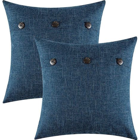 Lot de 2 Housses de Coussin décoratives carrées en Lin Style Rustique Housses de Coussin en Lin décor Vintage pour Coussins canapé Voiture de Chambre 45X45CM （bleu） (1/2)