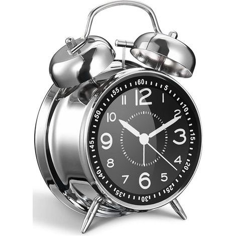 Réveil fort pour adultes dormeurs lourds, en métal de 10,2 cm, double cloche à piles, pour décoration de chambre, silencieux, sans tic-tac (argenté) (1/5)