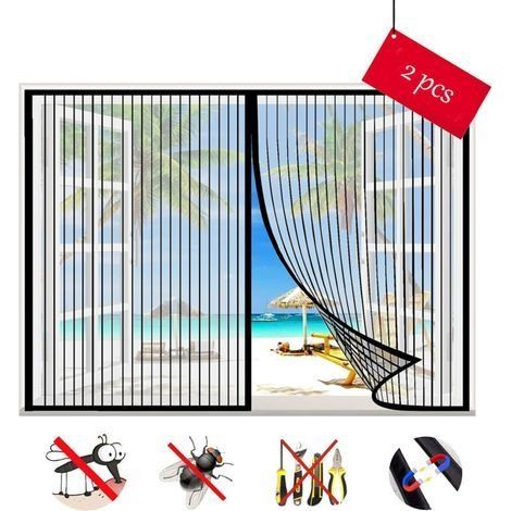 Lot de 2 Moustiquaire Fenêtre Magnétique, Auto-Adhésif Rideau en Maille Moustiquaire Porte Magnétique,Fermeture Automatique, pour Fenêtre Portes-Black-A 47x47inch(120x120cm) Moustiquaire de fenêtre (1/5)
