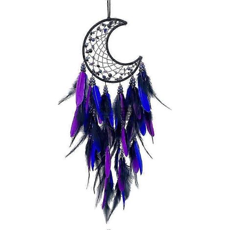Attrape-rêves en forme de lune, décoration murale bohème faite main avec des plumes violettes et bleues, idéale pour les chambres ou les mariages. (1/5)