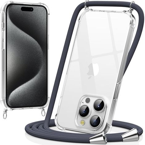 Handyhülle mit Kordel für iPhone 15 Pro, transparent, stoßfest, verstellbar, dunkelgrau (1/5)