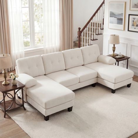 Canapé d'angle U 268x128x84 cm en chenille beige, dossier réglable, pratique au quotidien – MEUBLIV (1/5)