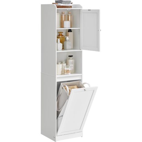 Meuble de Salle de Bain, Panier à Linge, Placard de Rangement Haut, avec Sac Intérieur Amovible avec Poignées, Compartiment avec Porte, 40 x 40 x 170 cm, Blanc Nuage (1/5)